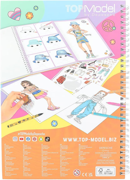 Depesche TOPModel 12943 Colouring Book Set with 76 Pages for Designing Model Motifs, Includes Colouring Template, Sticker Sheet, Pens and Much More