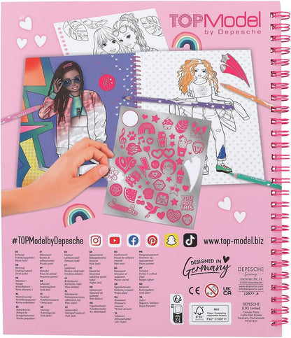 Depesche 12977 TOPModel - Malbuch mit Pailletten Design, 40 Model Motive zum kreativen Gestalten, inkl. Stickerbogen