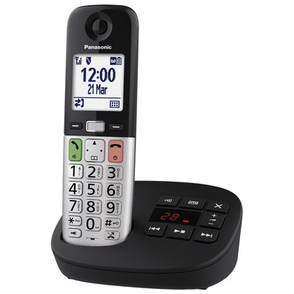 Panasonic KX-TGU430EXB - Telefono cordless digitale con segreteria telefonica, volume amplificato, unità base e 1 auricolare, display LCD, torcia compatibile con cuffie, nero e argento