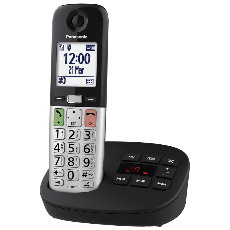 Panasonic KX-TGU430EXB - Telefono cordless digitale con segreteria telefonica, volume amplificato, unità base e 1 auricolare, display LCD, torcia compatibile con cuffie, nero e argento