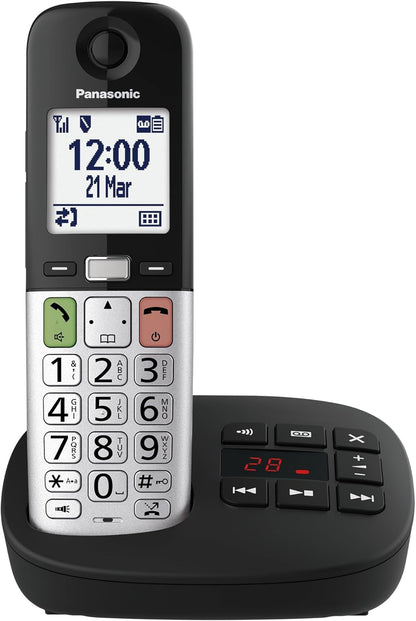 Panasonic KX-TGU430EXB - Telefono cordless digitale con segreteria telefonica, volume amplificato, unità base e 1 auricolare, display LCD, torcia compatibile con cuffie, nero e argento