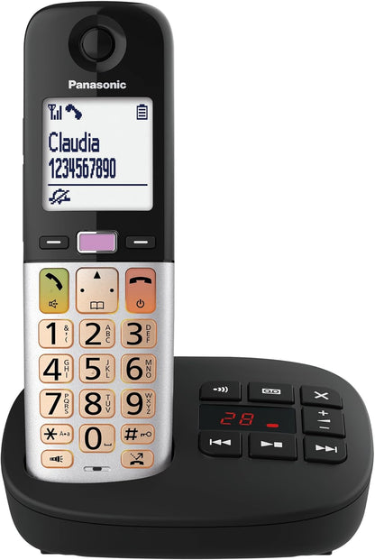 Panasonic KX-TGU430EXB - Telefono cordless digitale con segreteria telefonica, volume amplificato, unità base e 1 auricolare, display LCD, torcia compatibile con cuffie, nero e argento