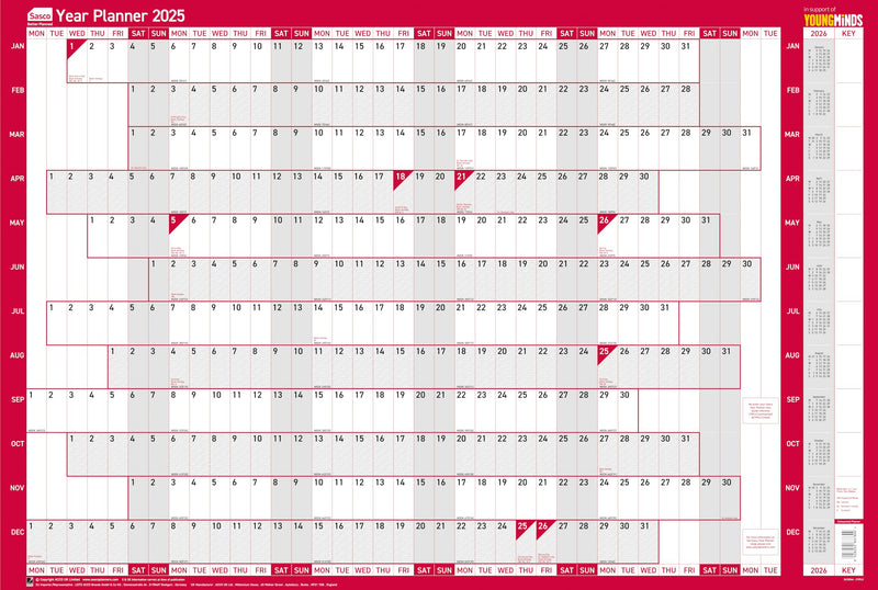 Sasco 2025 Compact Yearly Wall Planner, Paper Mini Whiteboard Poster Style Dry Erase Calendar, Small Wall Planner with Dry Erase Pen, Pen Clip & Stickers, Wall Chart, Blue, 610x405mm, 2410244