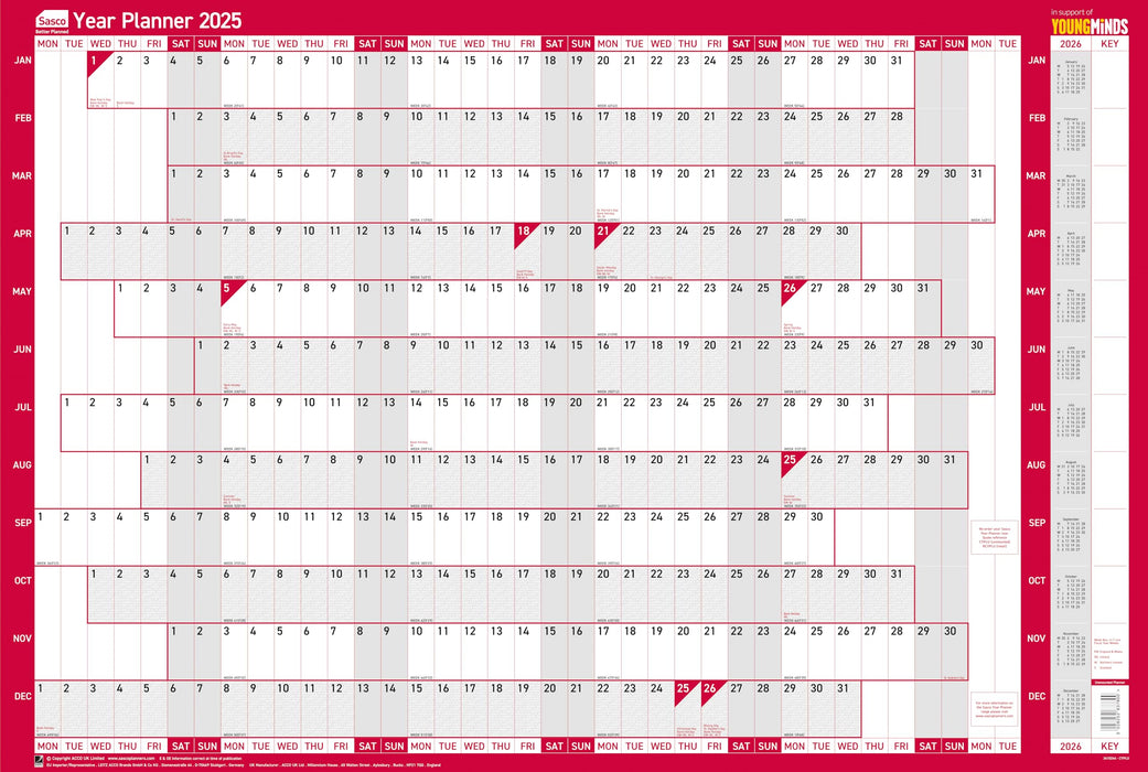 Sasco 2025 Compact Yearly Wall Planner, Paper Mini Whiteboard Poster Style Dry Erase Calendar, Small Wall Planner with Dry Erase Pen, Pen Clip & Stickers, Wall Chart, Blue, 610x405mm, 2410244