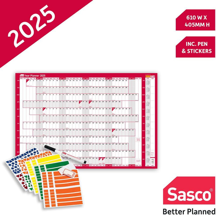 Sasco 2025 Compact Yearly Wall Planner, Paper Mini Whiteboard Poster Style Dry Erase Calendar, Small Wall Planner with Dry Erase Pen, Pen Clip & Stickers, Wall Chart, Blue, 610x405mm, 2410244