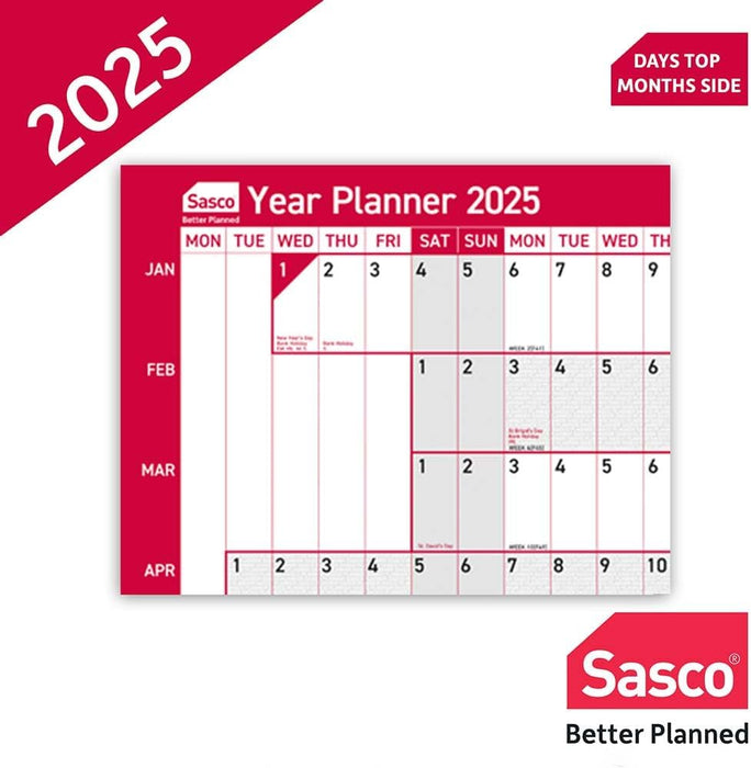 Sasco 2025 Compact Yearly Wall Planner, Paper Mini Whiteboard Poster Style Dry Erase Calendar, Small Wall Planner with Dry Erase Pen, Pen Clip & Stickers, Wall Chart, Blue, 610x405mm, 2410244