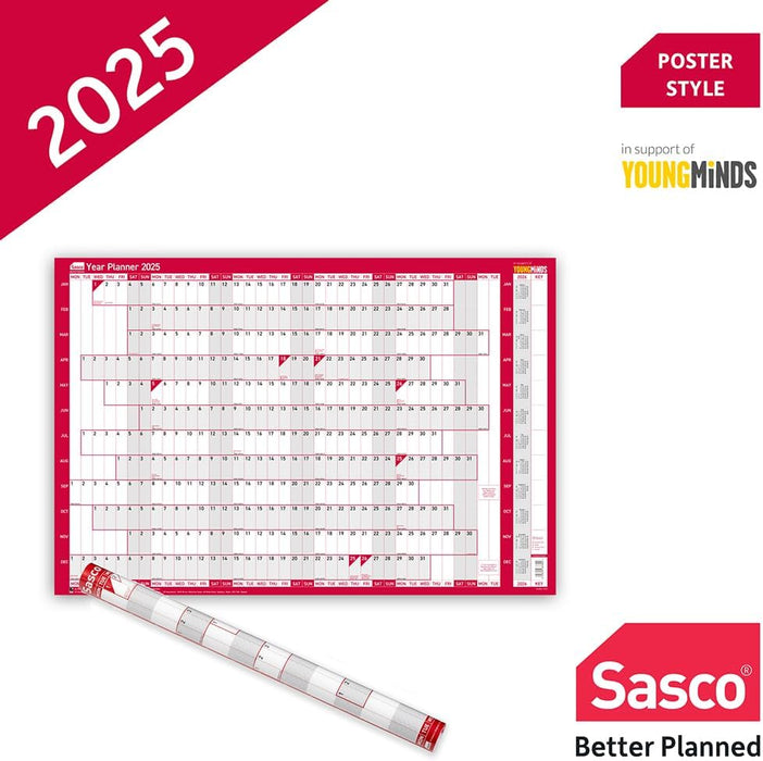 Sasco 2025 Compact Yearly Wall Planner, Paper Mini Whiteboard Poster Style Dry Erase Calendar, Small Wall Planner with Dry Erase Pen, Pen Clip & Stickers, Wall Chart, Blue, 610x405mm, 2410244