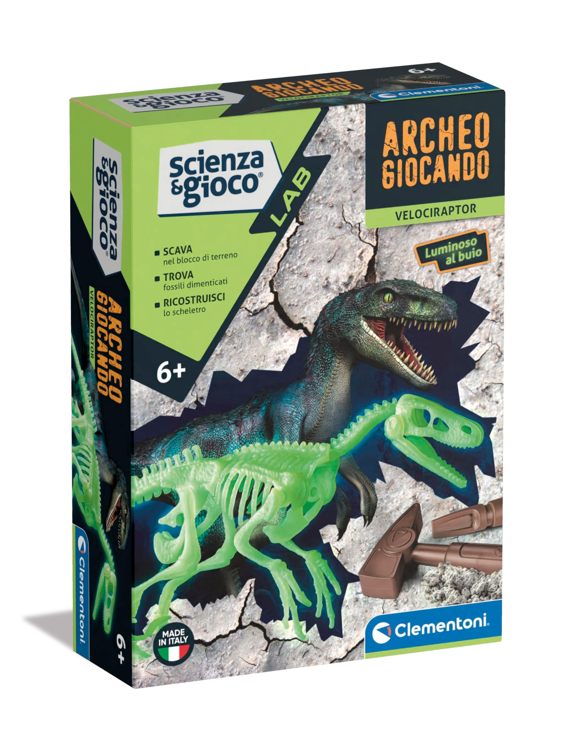 Clementoni - Science Lab Archaeogio Game Velociraptor Dinosaur, Fossil Set for Digging and Assembling Paleontology, Scientific Game 7 Years, in Italian, Made in Italy