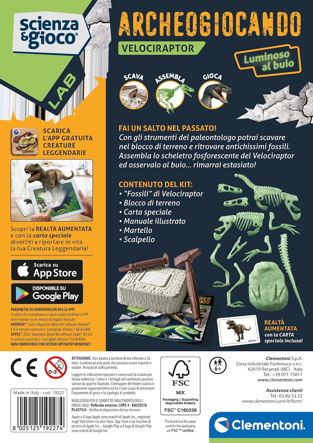 Clementoni - Science Lab Archaeogio Game Velociraptor Dinosaur, Fossil Set for Digging and Assembling Paleontology, Scientific Game 7 Years, in Italian, Made in Italy