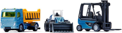 siku 6336, Construction Site Gift Set with Truck, Forklift, Loader, 6 Pallets, 2 Traffic Signs, Metal,Plastic, yellow,Blue, Moving Parts