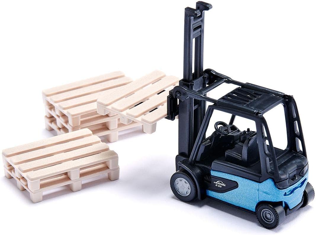 siku 6336, Construction Site Gift Set with Truck, Forklift, Loader, 6 Pallets, 2 Traffic Signs, Metal,Plastic, yellow,Blue, Moving Parts