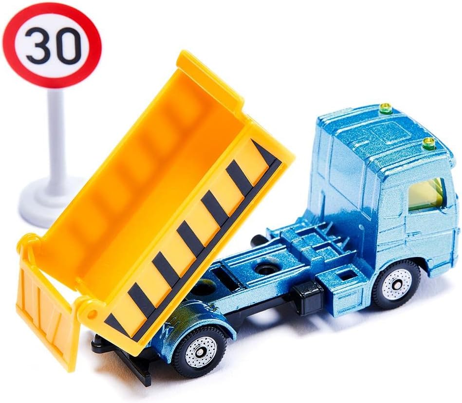 siku 6336, Construction Site Gift Set with Truck, Forklift, Loader, 6 Pallets, 2 Traffic Signs, Metal,Plastic, yellow,Blue, Moving Parts