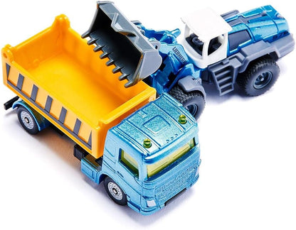 siku 6336, Construction Site Gift Set with Truck, Forklift, Loader, 6 Pallets, 2 Traffic Signs, Metal,Plastic, yellow,Blue, Moving Parts