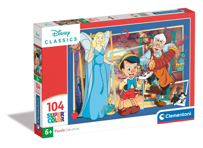 Clementoni 25756 Disney Jigsaw Pinocchio 104 Pieces-Supercolor Children 6-8 Years, Cartoon, Gift for Boy/Girls, Puzzle for Kids, Made in Italy, Multicolor