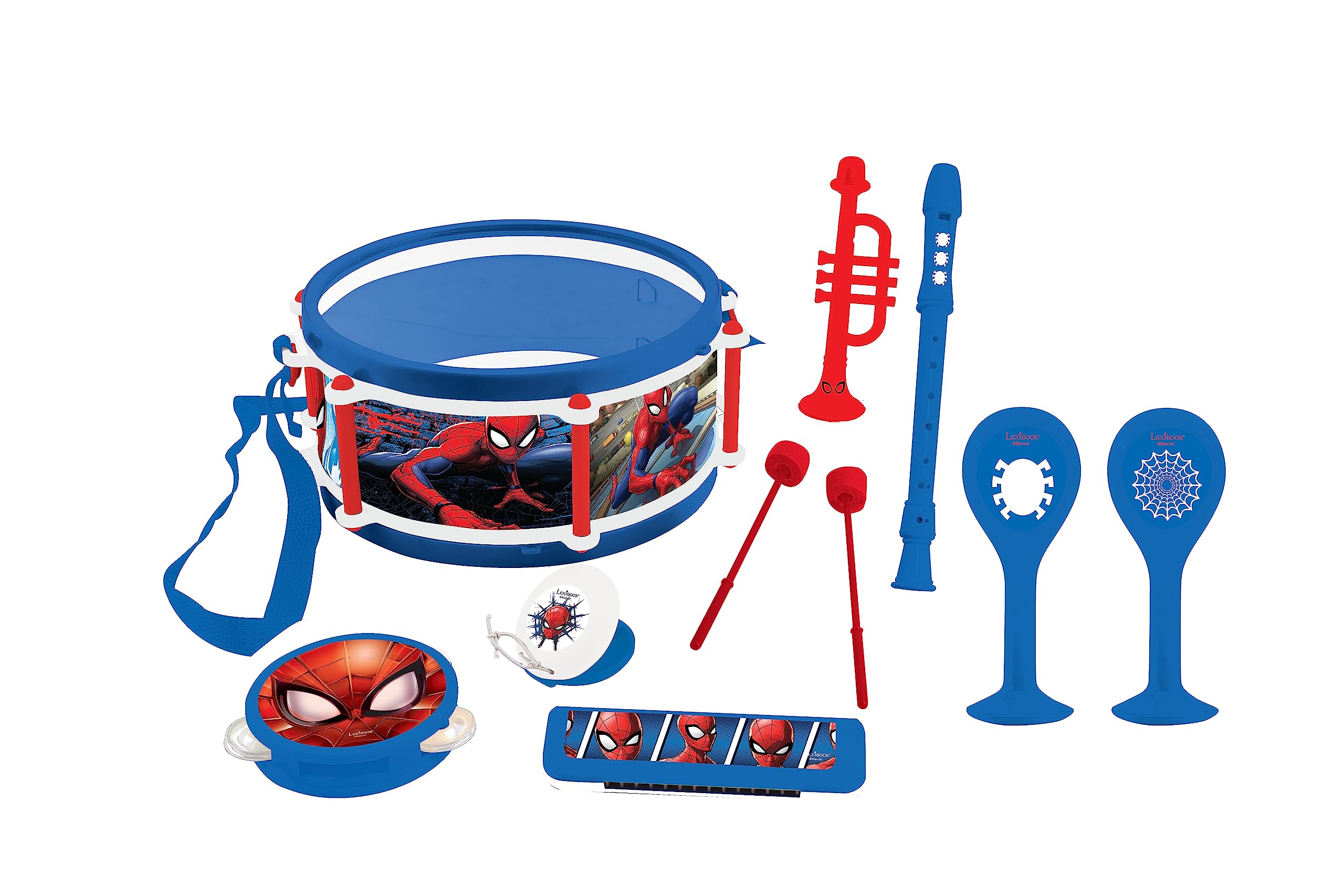 Lexibook K360SP Marvel Spiderman Set of 7 Instruments (Drum, Maracas, Castanet, Harmonica, Recorder, Trumpet, Tambourine), Musical Toy, Convenient Game to Carry, Blue/Red