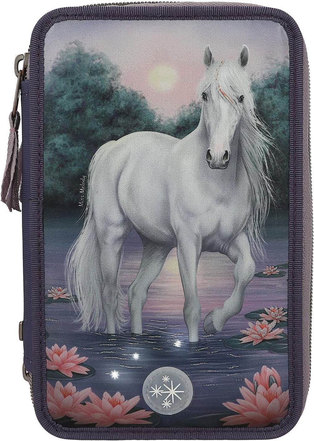 Depesche 12947 Miss Melody 3 Compartments Filled in Purple, with LED, Water Lilies and Horse Patterns, Pencil Case, Ruler, Scissors etc, 0012947