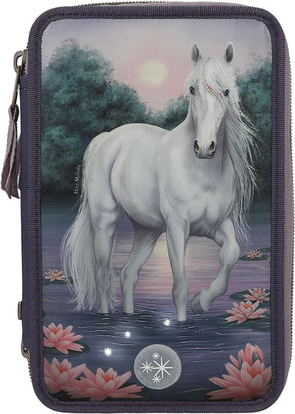 Depesche 12947 Miss Melody 3 Compartments Filled in Purple, with LED, Water Lilies and Horse Patterns, Pencil Case, Ruler, Scissors etc, 0012947
