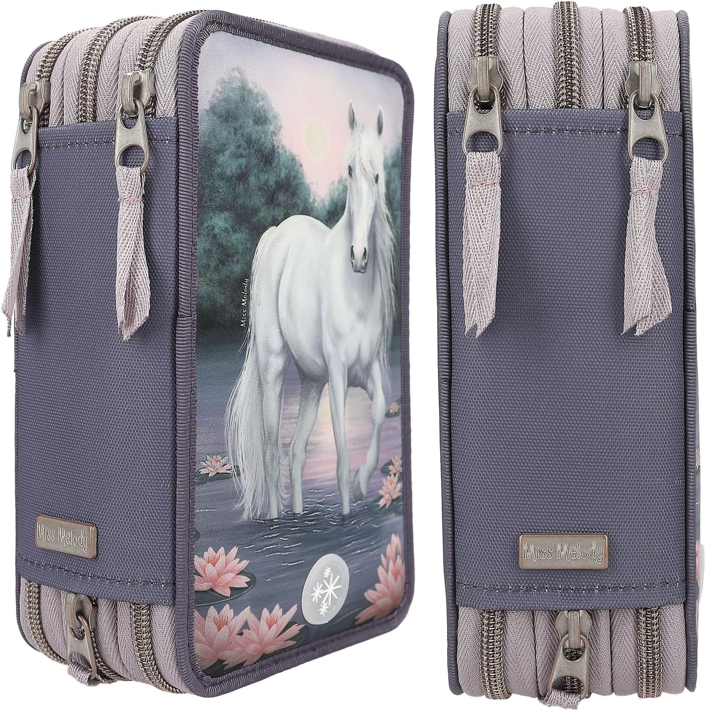 Depesche 12947 Miss Melody 3 Compartments Filled in Purple, with LED, Water Lilies and Horse Patterns, Pencil Case, Ruler, Scissors etc, 0012947