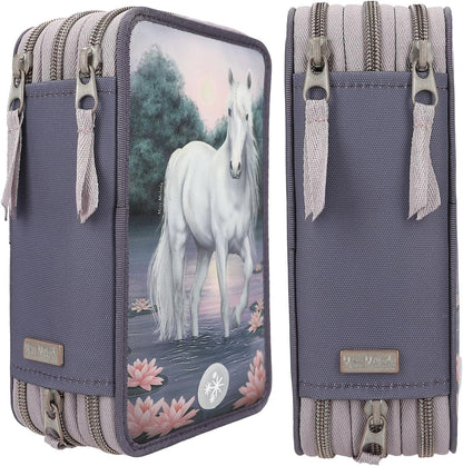 Depesche 12947 Miss Melody 3 Compartments Filled in Purple, with LED, Water Lilies and Horse Patterns, Pencil Case, Ruler, Scissors etc, 0012947