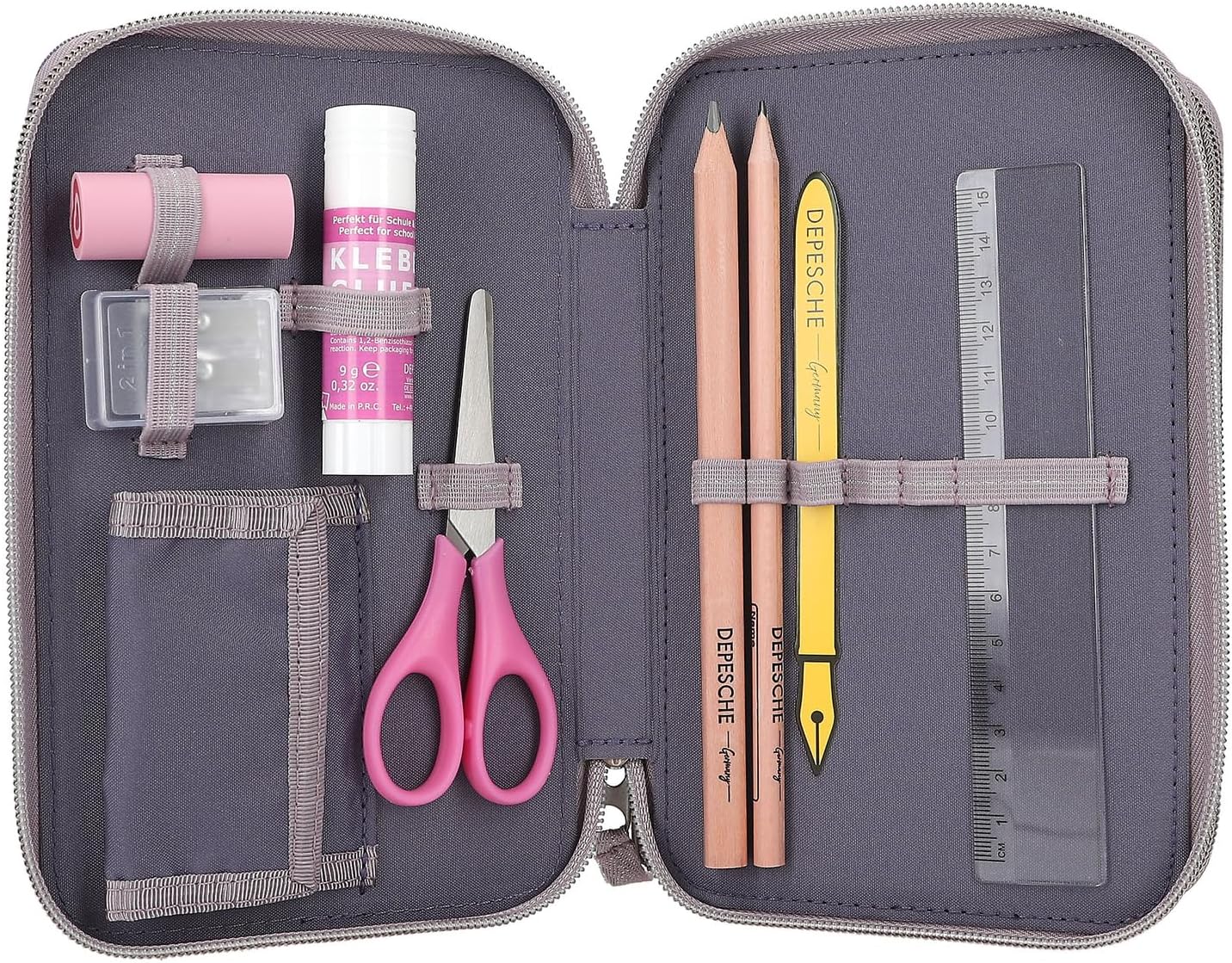 Depesche 12947 Miss Melody 3 Compartments Filled in Purple, with LED, Water Lilies and Horse Patterns, Pencil Case, Ruler, Scissors etc, 0012947