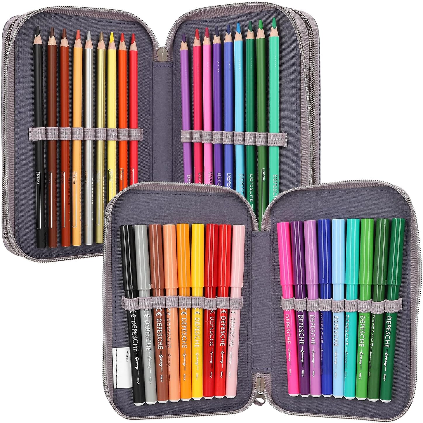 Depesche 12947 Miss Melody 3 Compartments Filled in Purple, with LED, Water Lilies and Horse Patterns, Pencil Case, Ruler, Scissors etc, 0012947