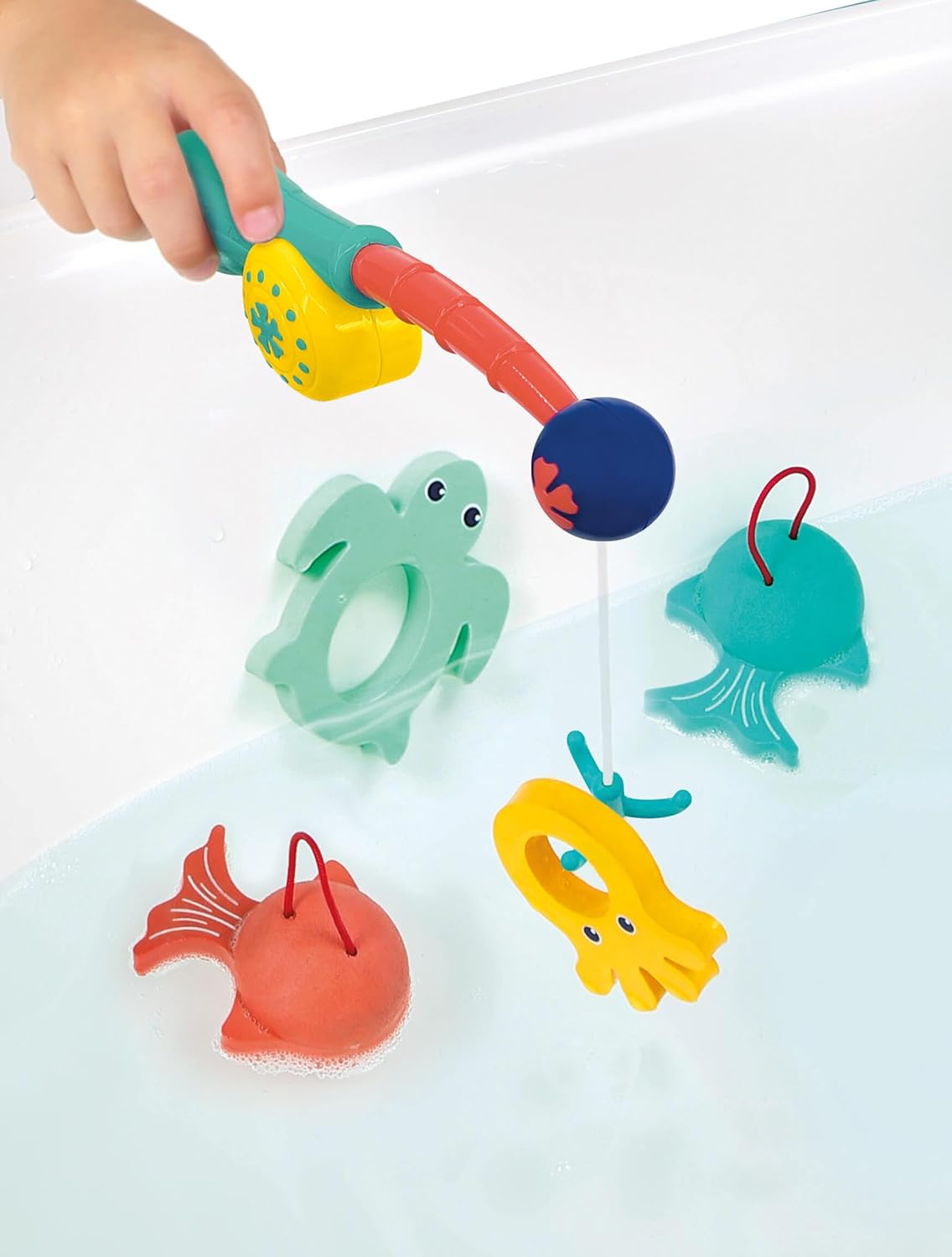 LUDI - Pesca alla linea - Giocattolo da bagno - Da 18 mesi - Sviluppa l'immaginazione e risveglia i sensi - 1 canna da pesca in legno, 2 pesci, 1 tartaruga, 1 polpo - in schiuma - Base: 2 x 17 x 2 cm