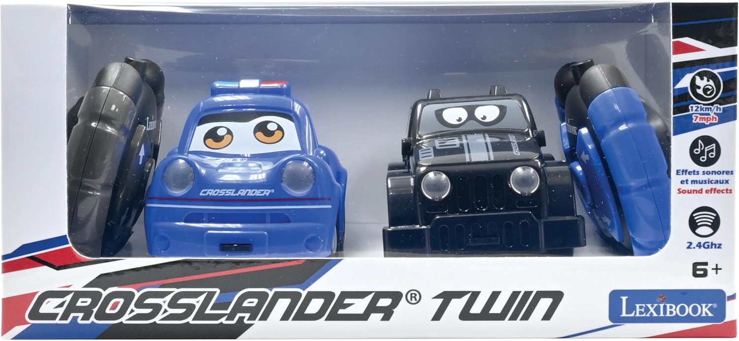 Lexibook RC12 Crosslander Twin, Set of 2 Radio (Police, Thief's car), up to 12km/h, Sound and Light Effects, 2 Remote Controls, Black/Blue