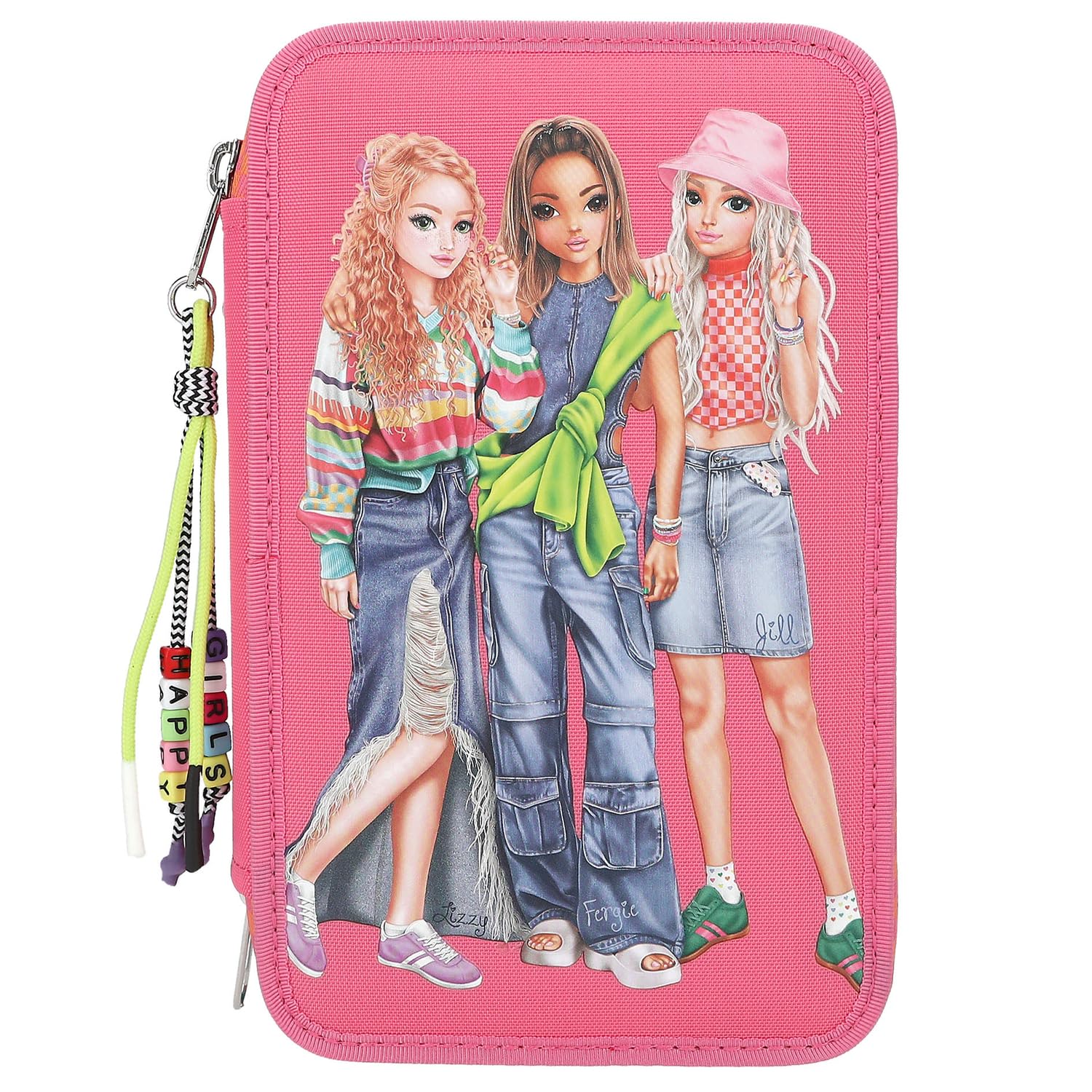 Depesche TOPModel Joy 12910 Filled 3-Compartment Pencil Case in Pink with Model Motif and Pendant, Includes 18 Coloured & Felt Tip Pens, 2 Pencils, Ruler, Scissors & More, For Girls Aged 6-8