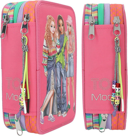 Depesche TOPModel Joy 12910 Filled 3-Compartment Pencil Case in Pink with Model Motif and Pendant, Includes 18 Coloured & Felt Tip Pens, 2 Pencils, Ruler, Scissors & More, For Girls Aged 6-8