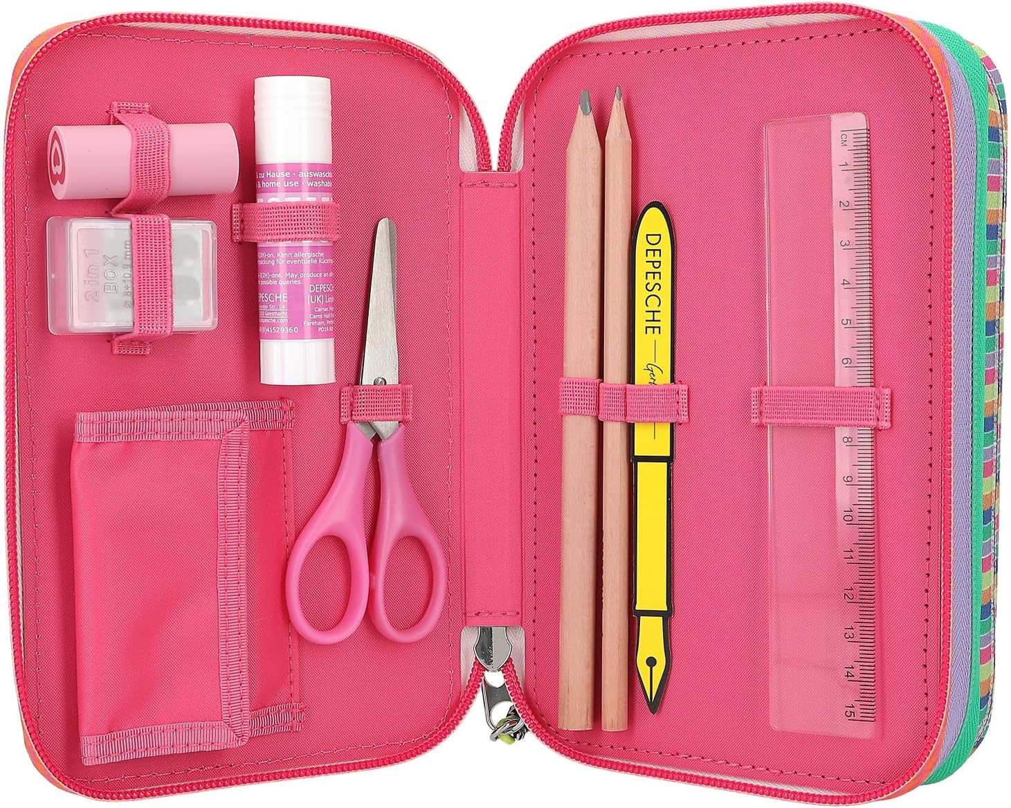 Depesche TOPModel Joy 12910 Filled 3-Compartment Pencil Case in Pink with Model Motif and Pendant, Includes 18 Coloured & Felt Tip Pens, 2 Pencils, Ruler, Scissors & More, For Girls Aged 6-8