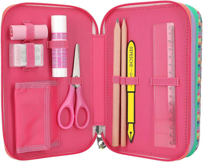 Depesche TOPModel Joy 12910 Filled 3-Compartment Pencil Case in Pink with Model Motif and Pendant, Includes 18 Coloured & Felt Tip Pens, 2 Pencils, Ruler, Scissors & More, For Girls Aged 6-8