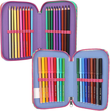 Depesche TOPModel Joy 12910 Filled 3-Compartment Pencil Case in Pink with Model Motif and Pendant, Includes 18 Coloured & Felt Tip Pens, 2 Pencils, Ruler, Scissors & More, For Girls Aged 6-8