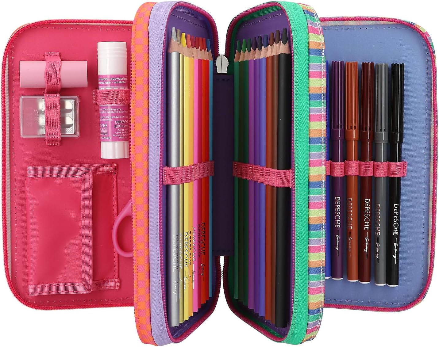 Depesche TOPModel Joy 12910 Filled 3-Compartment Pencil Case in Pink with Model Motif and Pendant, Includes 18 Coloured & Felt Tip Pens, 2 Pencils, Ruler, Scissors & More, For Girls Aged 6-8