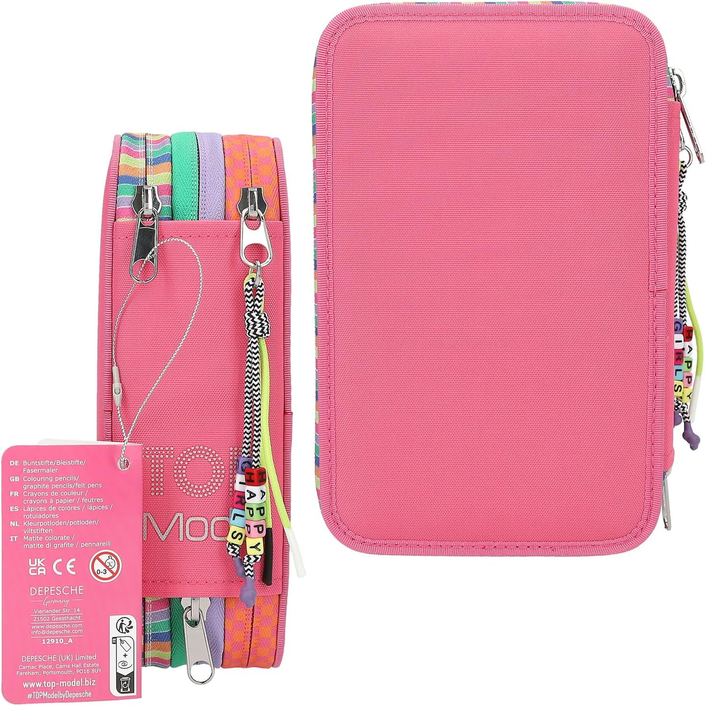 Depesche TOPModel Joy 12910 Filled 3-Compartment Pencil Case in Pink with Model Motif and Pendant, Includes 18 Coloured & Felt Tip Pens, 2 Pencils, Ruler, Scissors & More, For Girls Aged 6-8