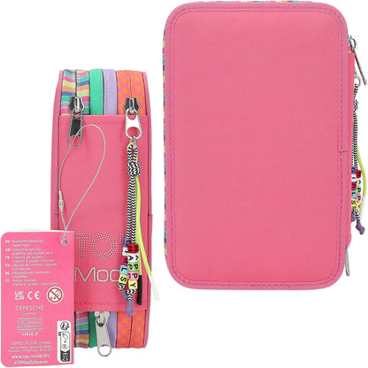Depesche TOPModel Joy 12910 Filled 3-Compartment Pencil Case in Pink with Model Motif and Pendant, Includes 18 Coloured & Felt Tip Pens, 2 Pencils, Ruler, Scissors & More, For Girls Aged 6-8