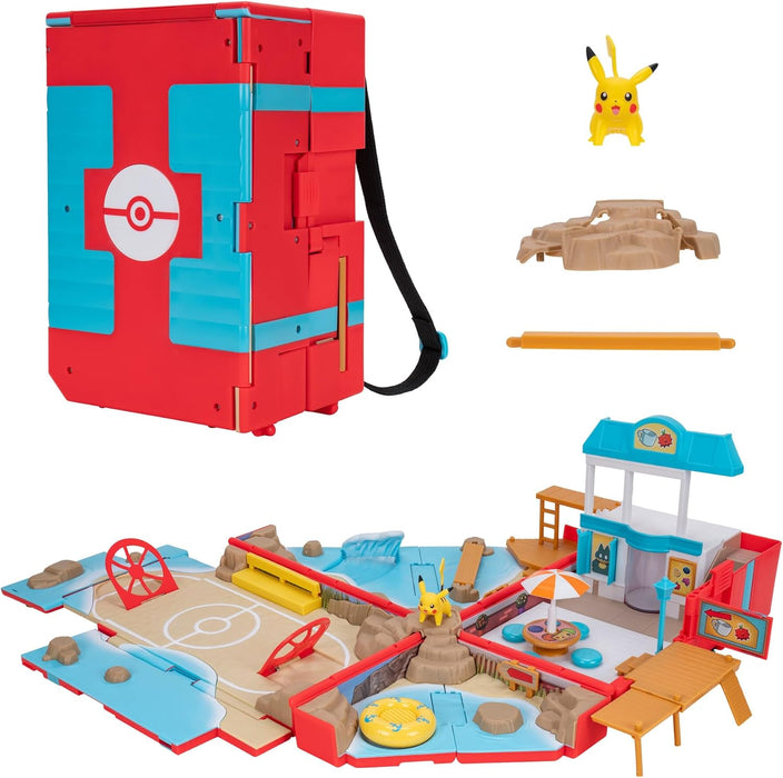 Pokémon Carry Case Beach Battle Playset - Portable Transforming Backpack Playset with Action Features and 2-inch Pikachu Battle Figure