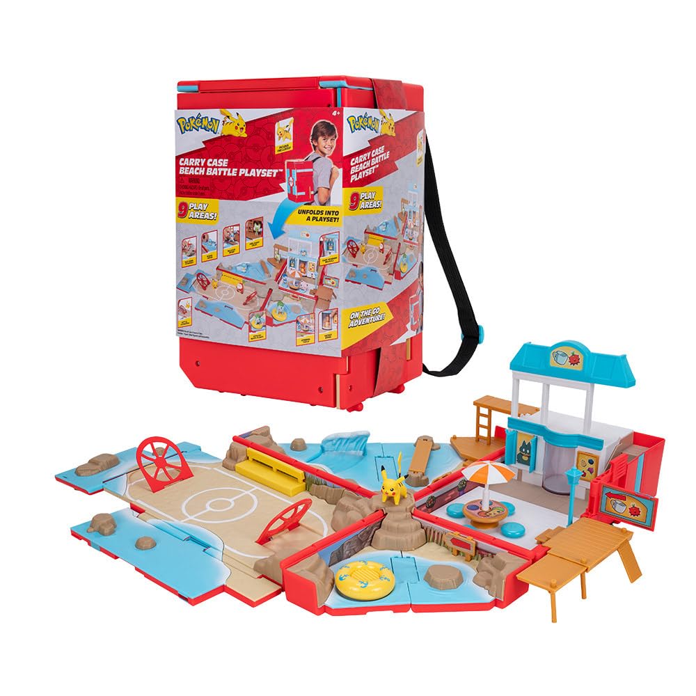Pokémon Carry Case Beach Battle Playset - Portable Transforming Backpack Playset with Action Features and 2-inch Pikachu Battle Figure