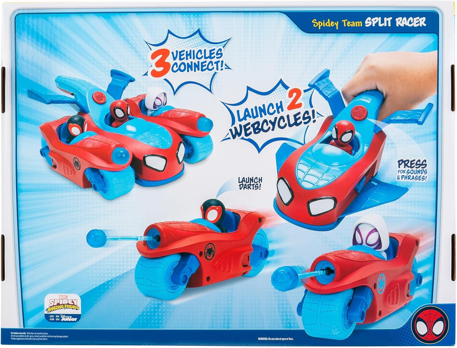 Spidey and Friends SNF0271 Spidey & his Amazing Friends Team Split Racer-8.5-Inch Three-in-One Vehicle with Web Darts, Sound Effects, and Phrases, Multicolour