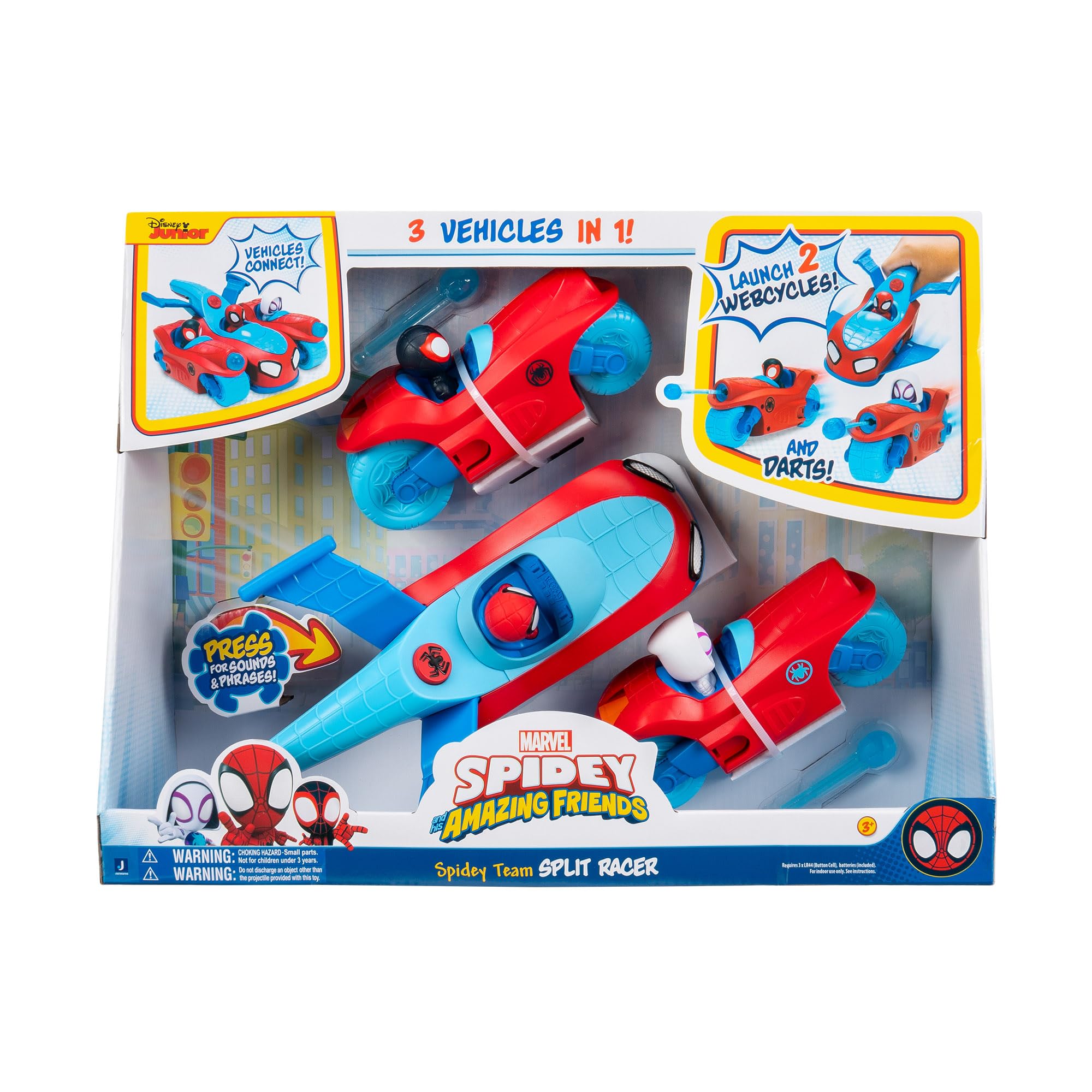 Spidey and Friends SNF0271 Spidey & his Amazing Friends Team Split Racer-8.5-Inch Three-in-One Vehicle with Web Darts, Sound Effects, and Phrases, Multicolour