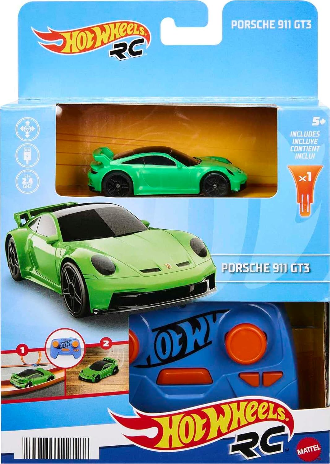 Hot Wheels RC Cars, Remote-Control Porsche 911 in 1:64 Scale, Recharges with USB Cable, On- and Off-Track Racing, Turbo Boost, Gift for Kids, HLT20 Posche 911