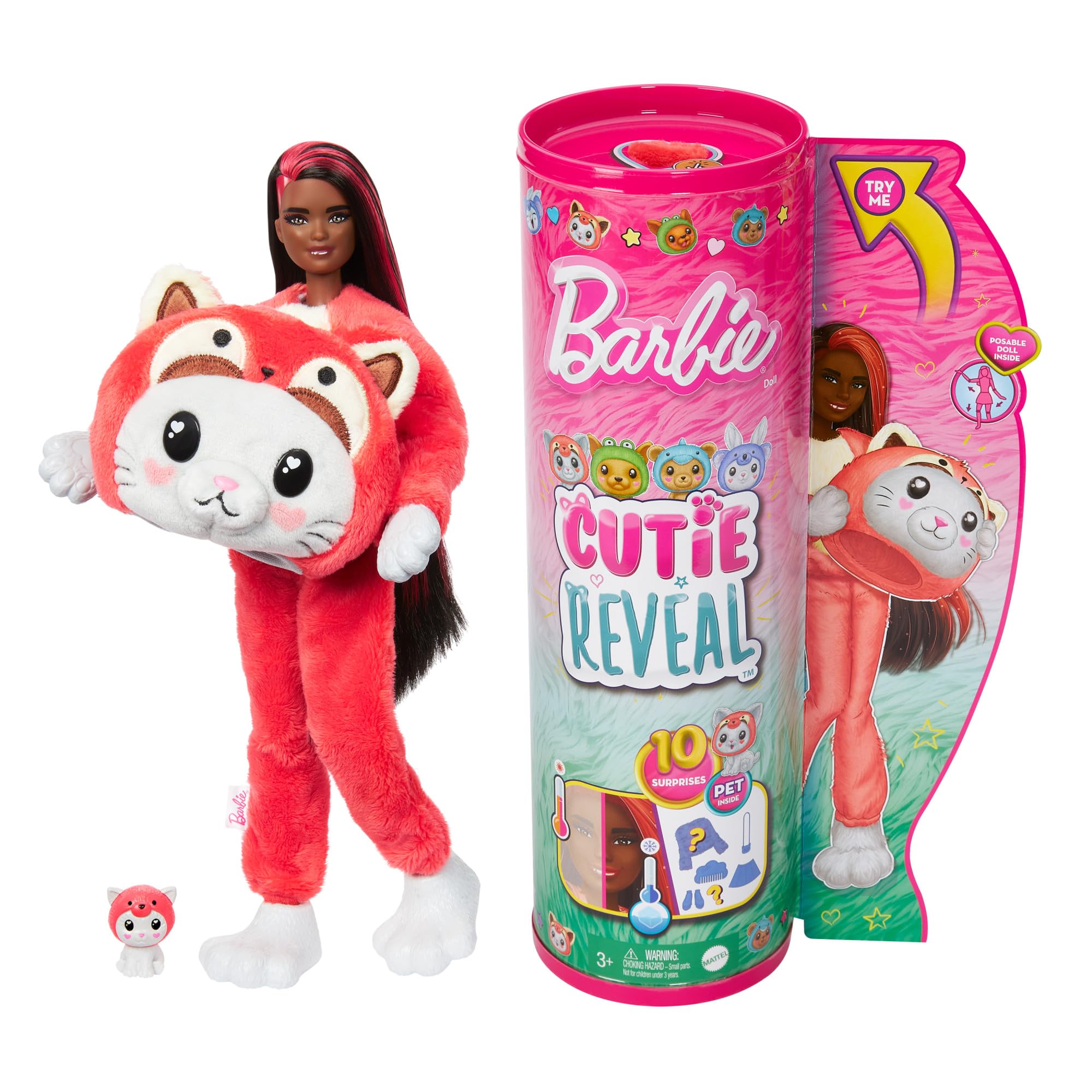 Barbie Cutie Reveal Serie Disfraces Gatito panda rojo Animal revela muñeca con mascota y accesorios sorpresa de moda, juguete +3 años (Mattel HRK23
