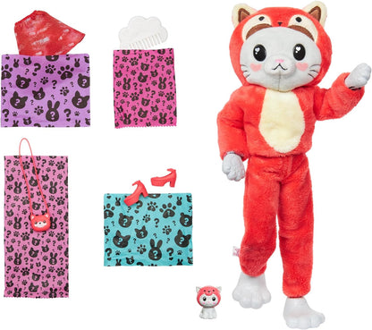 Barbie Cutie Reveal Serie Disfraces Gatito panda rojo Animal revela muñeca con mascota y accesorios sorpresa de moda, juguete +3 años (Mattel HRK23