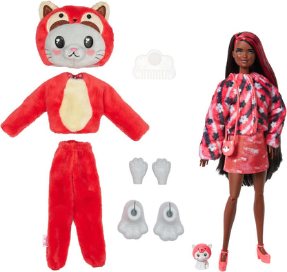 Barbie Cutie Reveal Serie Disfraces Gatito panda rojo Animal revela muñeca con mascota y accesorios sorpresa de moda, juguete +3 años (Mattel HRK23