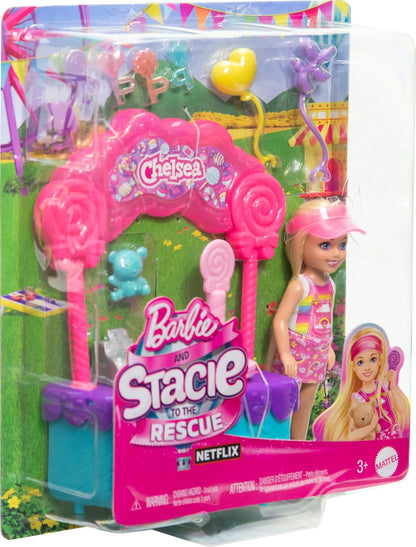 Barbie Chelsea Doll & Lollipop Stand Playset with Accessories, 10-Piece Toy Set from Barbie and Stacie to the Rescue movie, HRM07