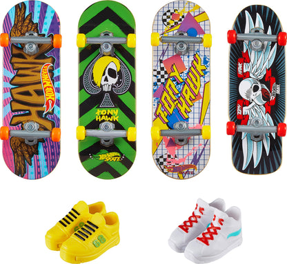 Hot Wheels Skate Tony Hawk Fingerboard & Removable Skate Shoes Multipack, 4 Fully Assembled Boards, 2 Pairs of Skate Shoes, 1 Exclusive Set (Styles May Vary),, HVM14