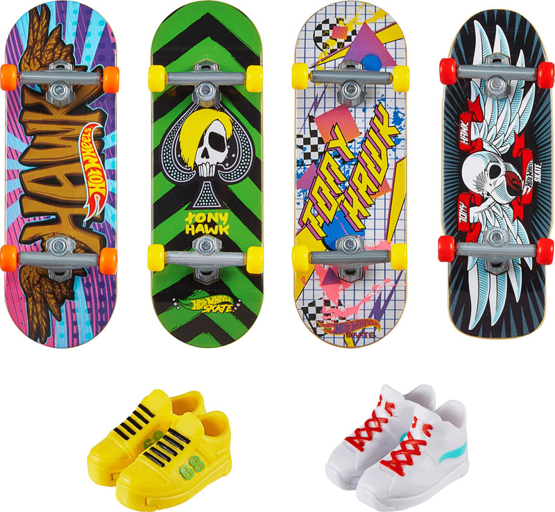 Hot Wheels Skate Tony Hawk Fingerboard & Removable Skate Shoes Multipack, 4 Fully Assembled Boards, 2 Pairs of Skate Shoes, 1 Exclusive Set (Styles May Vary),, HVM14