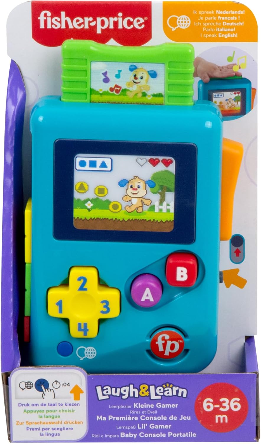 Fisher-Price Learning and Play Fun for Babies and Toddlers, Lil' Gamer Dummy Game Console with Lights and Music for Babies from 6 Months, Multilingual Version, HXC32