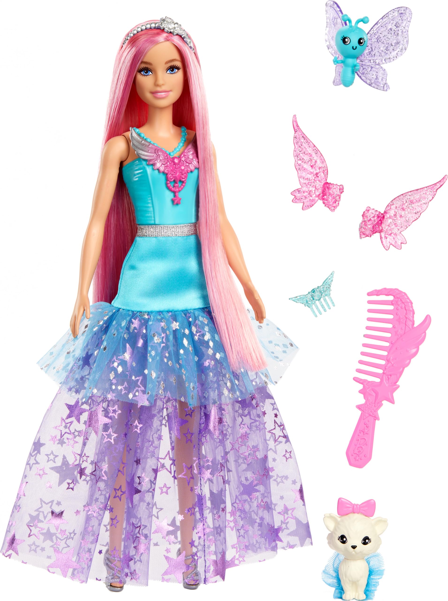 Barbie Muñeca Malibú Hada con Dos Mascotas fantasía, Pelo Rosa, Accesorios para peinar, alas y Vestido de Estrellas, de la Serie Un Toque de Magia, Juguete +3 años (JCW48