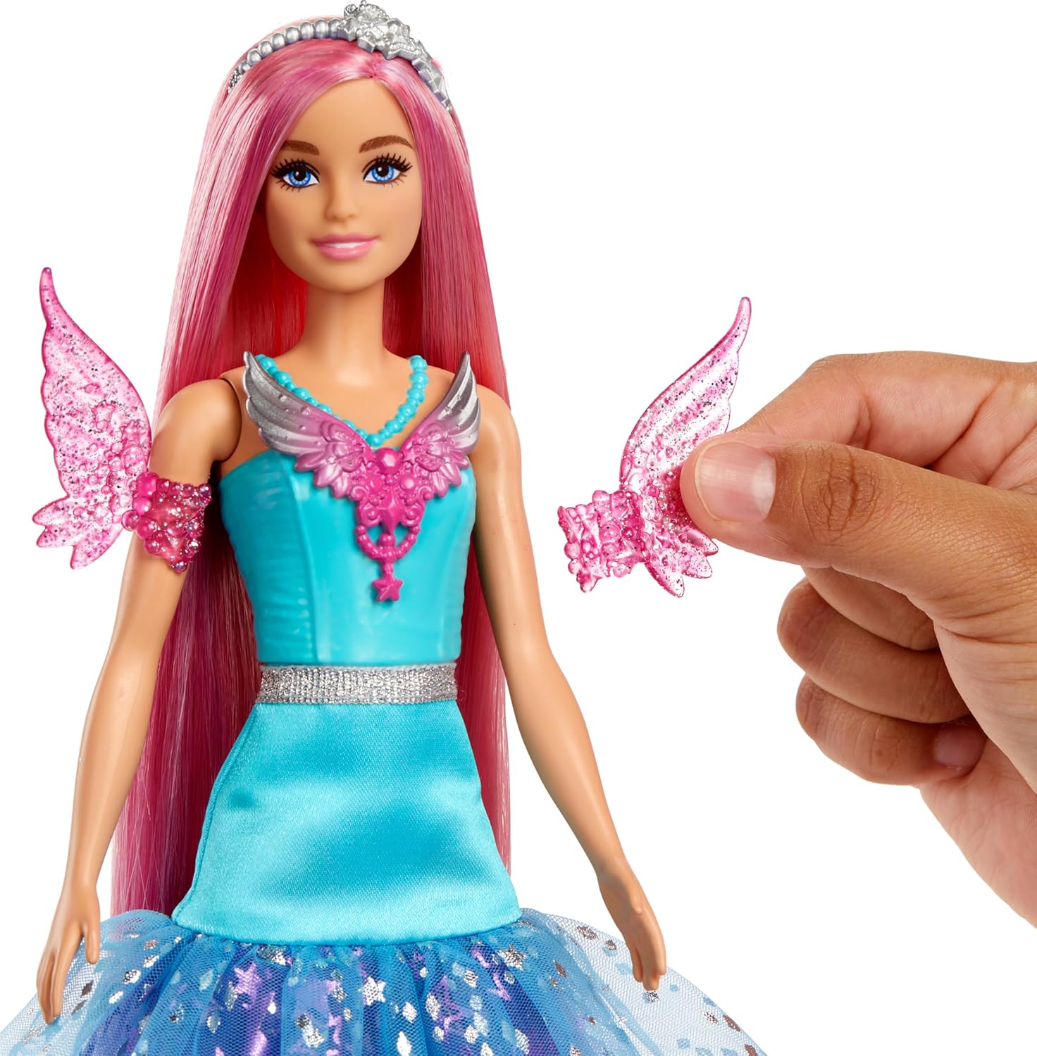 Barbie Muñeca Malibú Hada con Dos Mascotas fantasía, Pelo Rosa, Accesorios para peinar, alas y Vestido de Estrellas, de la Serie Un Toque de Magia, Juguete +3 años (JCW48