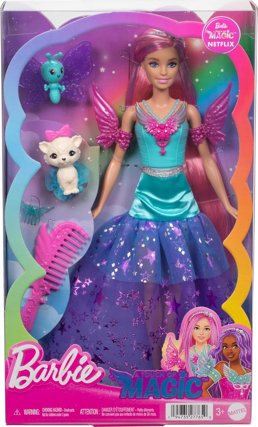 Barbie Muñeca Malibú Hada con Dos Mascotas fantasía, Pelo Rosa, Accesorios para peinar, alas y Vestido de Estrellas, de la Serie Un Toque de Magia, Juguete +3 años (JCW48